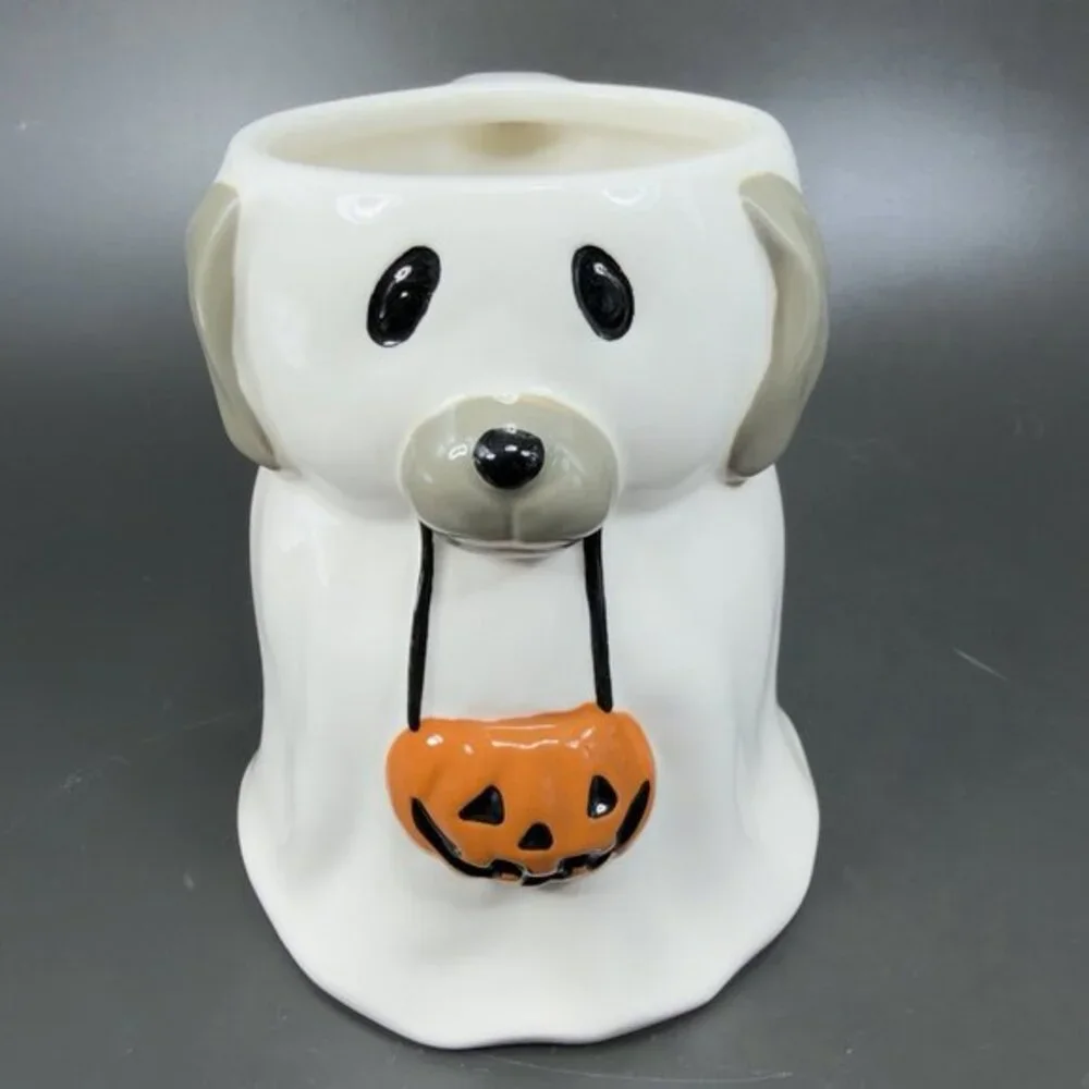 Pottery Barn Ceramic Dog Ghost Holding A Pumpkin Coffee Mug Cup Whimsical 25oz